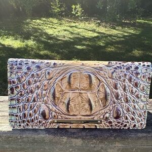 Brahmin Crocodile-Embossed Leather Clutch in Tan & Brown